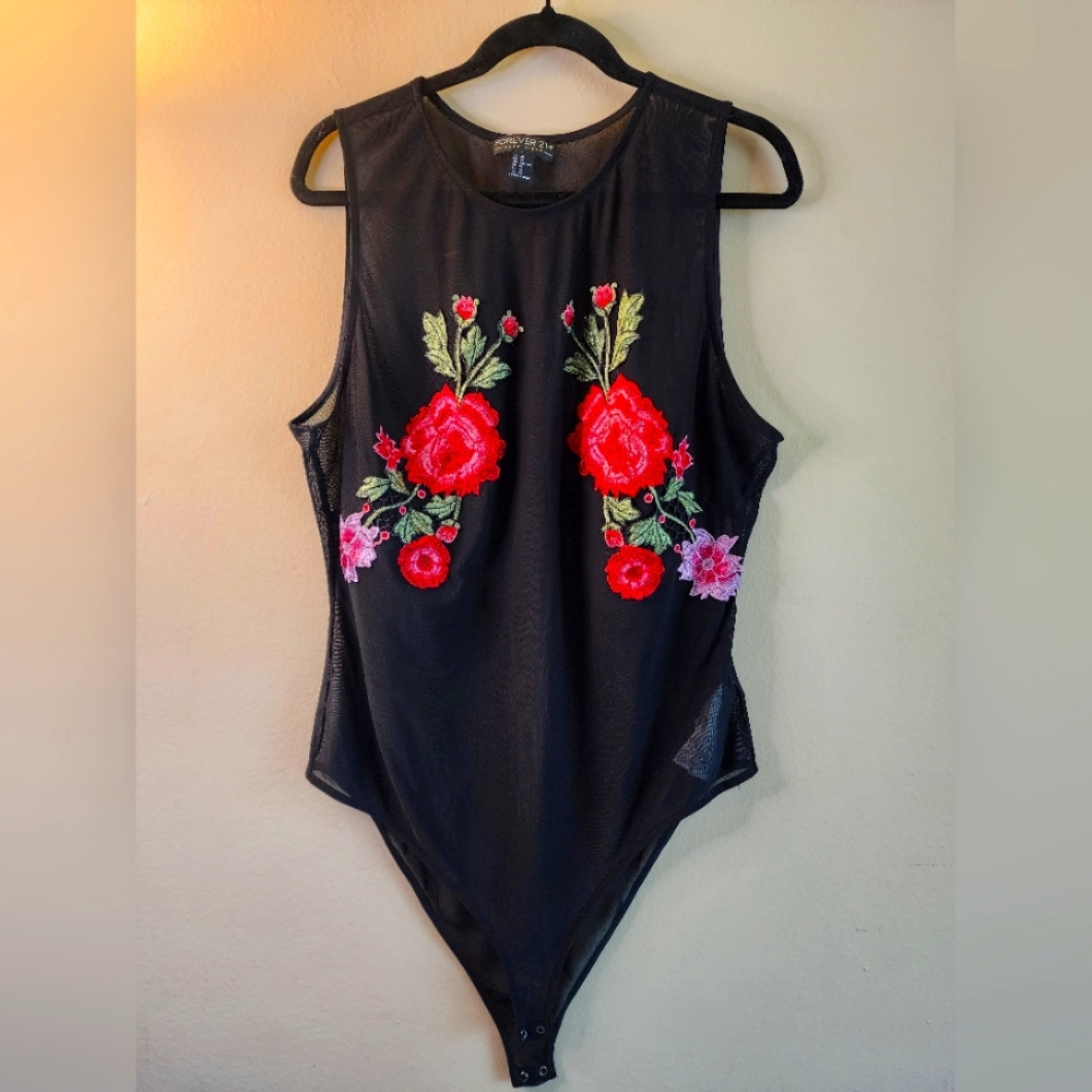 Black Mesh Bodysuit with Floral Embroidery